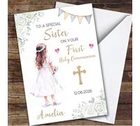 Personalised First Holy Communion Card For Sister Little Girl White Flowers | Custom Greetings Card For First Holy Communion Any Text