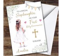 Personalised First Holy Communion Card For Stepdaughter Little Girl Flowers | Personalized Custom Unique Greetings Card For First Holy Communion Any Text