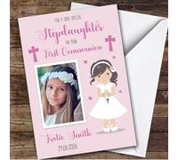 Personalised First Holy Communion Card For Stepdaughter Photo Pink Girl | Custom Greetings Card For First Holy Communion Any Text