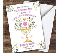 Personalised First Holy Communion Card For Stepdaughter Pink Chalice | Custom Greetings Card For First Holy Communion Any Text Inside & Out