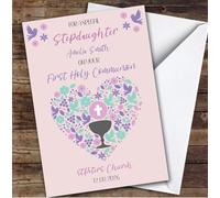 Personalised First Holy Communion Card For Stepdaughter Pink Heart | Personalized Custom Unique Greetings Card For First Holy Communion Any Text Inside & Out