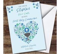 Personalised First Holy Communion Card For Stepson Blue Heart | Custom Greetings Card For First Holy Communion Any Text Inside & Out