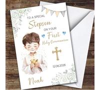 Personalised First Holy Communion Card For Stepson Little Boy White Flowers | Custom Greetings Card For First Holy Communion Any Text