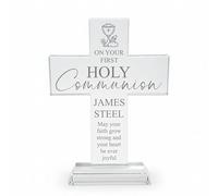 Personalised First Holy Communion Cross Keepsake, Crystal Glass, 18cm, Engraved, for Boys and Girls, in Silk-Lined Gift Box