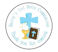 Personalised First Holy Communion Party Stickers for Favours Party Bags Boy Blue (24 x Round 45mm Medium)