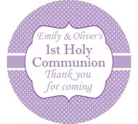 Personalised First Holy Communion Party Stickers for Favours Party Bags Girl Boy Lilac (24 x Round 45mm Medium)