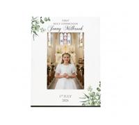 Personalised First Holy Communion Photo Frame, White, Leaf Design, 15.2x10.2cm, Traditional Style, Glass Cover