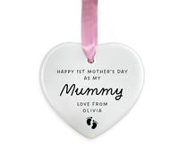 Personalised First Mother’s Day Ornament, Ceramic Hanging Decoration, Happy 1st Mother’s Day as My Mummy Keepsake, New Mum Gift, First Time Mum Present, Custom Baby Name (Heart)