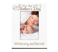 Personalised First Mother's Day Wooden Photo Frame, White Wood Finish, 6x4 Inch, Custom Engraved with Names