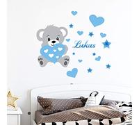 Personalised First Name Stickers | Self-Adhesive Bear Sticker - Children's Bedroom Wall Decoration | 2 Sheets of 30 x 35 cm and 50 x 30 cm - Shade of Blue