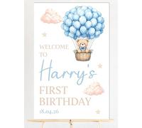 Personalised First Second Third etc Birthday Party Welcome Board MDF Wood Teddy Bear Hot Air Balloon Design 5 Colour Options Add Own Custom Child's Name, Age & Date (Blue)