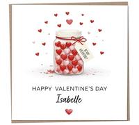 Personalised First Valentines Card for Boyfriend, Girlfriend or Secret Admirer, Happy Valentine's Day Contemporary Design, Red Heart Sweets in Jar, Custom Name and Message, Novelty Cards for Teenagers