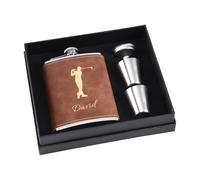 Personalised Flask Gift Set for Men, 8 oz 304 Stainless Steel Engraved Hip Flasks with Golf Icon, Custom Flask for Men Gifts (Brown)