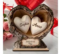Personalised Flat Wooden Heart Ornament with Names and Date - Tree Bark Heart Plaque, Romantic Gift for Couples, Wedding, Anniversary, Valentine’s Day (Style 1)