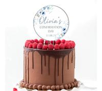 Personalised Floral Acrylic Cake Topper - Custom Child's Name & Date in Blue Pink Yellow for Christening Communion Confirmation Religious Ceremonies (Blue, Confirmation Day)