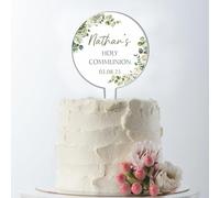 Personalised Floral Acrylic Cake Topper - Custom Child's Name & Date in Blue Pink Yellow for Christening Communion Confirmation Religious Ceremonies (Green, Holy Communion)