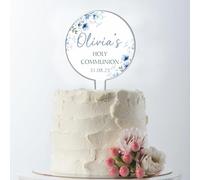 Personalised Floral Acrylic Cake Topper - Custom Child's Name & Date in Blue Pink Yellow for Christening Communion Confirmation Religious Ceremonies (Blue, Holy Communion)