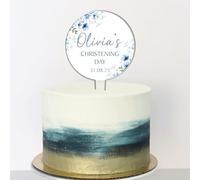 Personalised Floral Acrylic Cake Topper - Custom Child's Name & Date in Blue Pink Yellow for Christening Communion Confirmation Religious Ceremonies (Blue, Christening Day)