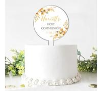 Personalised Floral Acrylic Cake Topper - Custom Child's Name & Date in Blue Pink Yellow for Christening Communion Confirmation Religious Ceremonies (Yellow, Holy Communion)