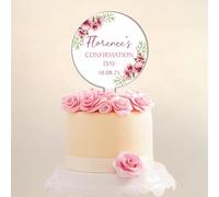 Personalised Floral Acrylic Cake Topper - Custom Child's Name & Date in Blue Pink Yellow for Christening Communion Confirmation Religious Ceremonies (Pink, Confirmation Day)