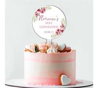 Personalised Floral Acrylic Cake Topper - Custom Child's Name & Date in Blue Pink Yellow for Christening Communion Confirmation Religious Ceremonies (Pink, Holy Communion)