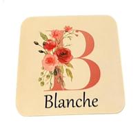 Personalised Floral Alphabet Named Coaster. Great personalised gift. Durable and wipeable. Image is part of the item, not simply printed onto the surface. Size 9cm x 9cm