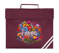Personalised Floral Book Bag for Girls Bright Summer Spring Flowers Return to School Nursery Kids Bag, One Size, Burgundy