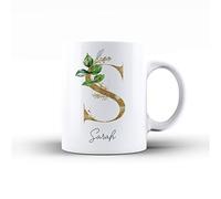 Personalised Floral Botanical Watercolour Monogram and Signature Ceramic Mug - 1a. Green Leaves & Gold Letter on White