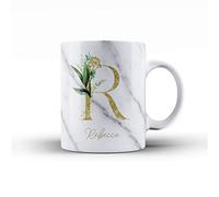 Personalised Floral Botanical Watercolour Monogram and Signature Ceramic Mug - 1c. Green Leaves & Gold Letter on White Marble