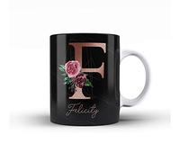 Personalised Floral Botanical Watercolour Monogram and Signature Ceramic Mug - 3D. Geometric Rose Gold Letter on Black Marble