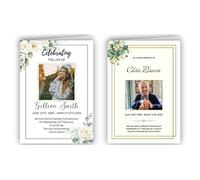 Personalised Floral Crean Green Eucalyptus Funeral Order of Service 4 Page Memorial Programs for Men & Women (50)
