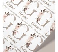 Personalised Floral Initial Wrapping Paper with Name & Age - Elegant Neutral Birthday Gift Wrap for Her - Custom Any Occasion - 61cm Wide Premium Roll (8mt)