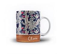 Personalised Floral & Leaf Pattern with Name on Wood Design 11oz Ceramic Mug - 11. Pink & Navy Palm Leaves