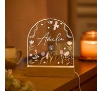 Personalised Floral LED Night Light Custom Name Gift for Her Birthday Christmas Home Bedroom Decor Botanical Lamp Wild Flowers Spring