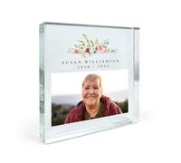 Personalised Floral Memorial Photo Crystal Token | Custom Picture, Name & Date | Bereavement Keepsake with Delicate Design | Freestanding Solid Glass Block | 9x9x2cm