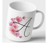 Personalised Floral Mug Cup 11oz Flower Ceramic Customised Custom Initial Letter Alphabet Monogram Coffee Tea Gift Present Birthday Mum Nanny Nan Girl Friend Colleague Pink Romantic Style