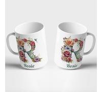 Personalised Floral Mug Cup 11oz Name Flower Ceramic Customised Custom Initial Letter Alphabet Monogram Coffee Tea Gift Present Birthday Mum Nanny Nan Girl Friend Colleague Classic Style