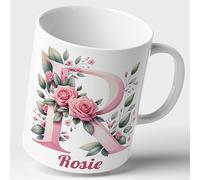 Personalised Floral Mug Cup 11oz Name Flower Ceramic Customised Custom Initial Letter Alphabet Monogram Coffee Tea Gift Present Birthday Mum Nanny Nan Girl Friend Colleague Pink Style