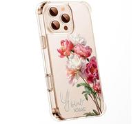 Personalised Floral Phone Case Customised Text & Watercolour Pressed Flowers & Bumble Bee Butterfly Ladybird | Luxury Clear Silicone Premium Cover for iPhone 16 15 14 13 12+ Samsung - Peony