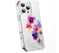 Personalised Floral Phone Case Customised Text & Watercolour Pressed Flowers & Bumble Bee Butterfly Ladybird | Luxury Clear Silicone Premium Cover for iPhone 16 15 14 13 12+ Samsung - Pansies 1