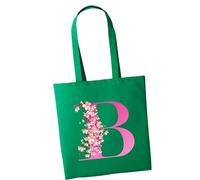 Personalised Floral Pink Initial Tote Bag Cotton Shopper Long Handle Shopping Bag Initial Printed Adult Unisex Gifts (Bottle Green)
