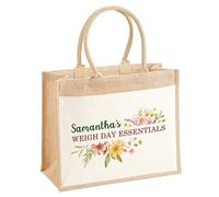 Personalised Floral Weigh Day Essentials Jute Bag, Custom Eco Friendly Tote Bag with Front Pocket, Slimming & Wellness Group Planner Organiser for Membership Pack Accessories, Ladies, 3 Sizes D2
