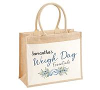Personalised Floral Weigh Day Essentials Jute Bag, Custom Eco Friendly Tote Bag with Front Pocket, Slimming & Wellness Group Planner Organiser for Membership Pack Accessories, Ladies, 3 Sizes D3