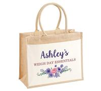 Personalised Floral Weigh Day Essentials Jute Bag, Custom Eco Friendly Tote Bag with Front Pocket, Slimming & Wellness Group Planner Organiser for Membership Pack Accessories, Ladies, 3 Sizes