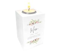 Personalised Floral White Wooden Tea Light Holder | Custom Memorial Candle, Mother's Day, Birthday, with Name, Dates, and Messages | 10x7x7cm