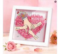 Personalised Flower Shadow Box for Mum Custom for Mum Shadow Box Frame Holding Hands Flower Memory with Kids Name, Birthdays, Anniversary, Heart Rose Photo Frame Grandma Gifts
