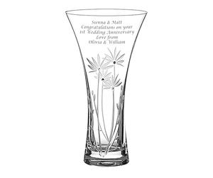 Personalised Flower Vase, Trumpet Shape, 25cm Tall, Etched with Flower Blooms Accented with Diamante Crystals, Engraved With Your Own Words, Beautiful Vase Gift Ready for Giving