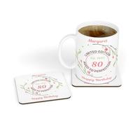 Personalised Flowers Limited Edition Est. 1945 80th Birthday White Ceramic Tea & Coffee Mug & Coaster Gift Set for Mum|Mother|Nan|Nanny|Grandma|Her|Ladies|Women