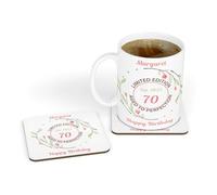 Personalised Flowers Limited Edition Est. 1955|1945 40th|50th|60th|70th|80th Birthday White Ceramic Tea & Coffee Mug & Coaster Gift Set for Her|Mum|Mother|Nan|Nanny|Grandma
