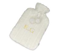 Personalised Fluffy Hot Water Bottle Embroidered Plush Faux Fur Hot Water Bottle with Pom Poms (Cream)